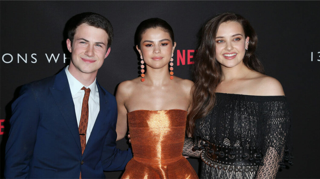 Dylan Minette med Selena Gomez (exekutiv producent) och Katherine Langford som spelar Hannah.