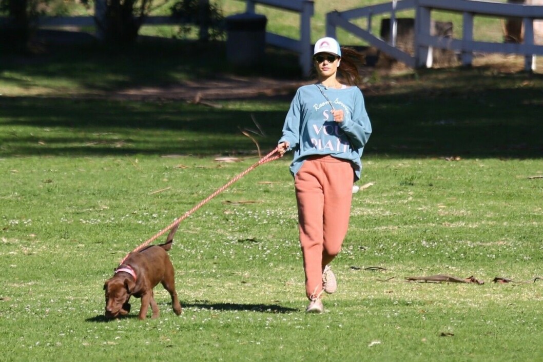 Alessandra Ambrosio och Cinnamon tar en promenad. Alessandra Ambrosio med hund
