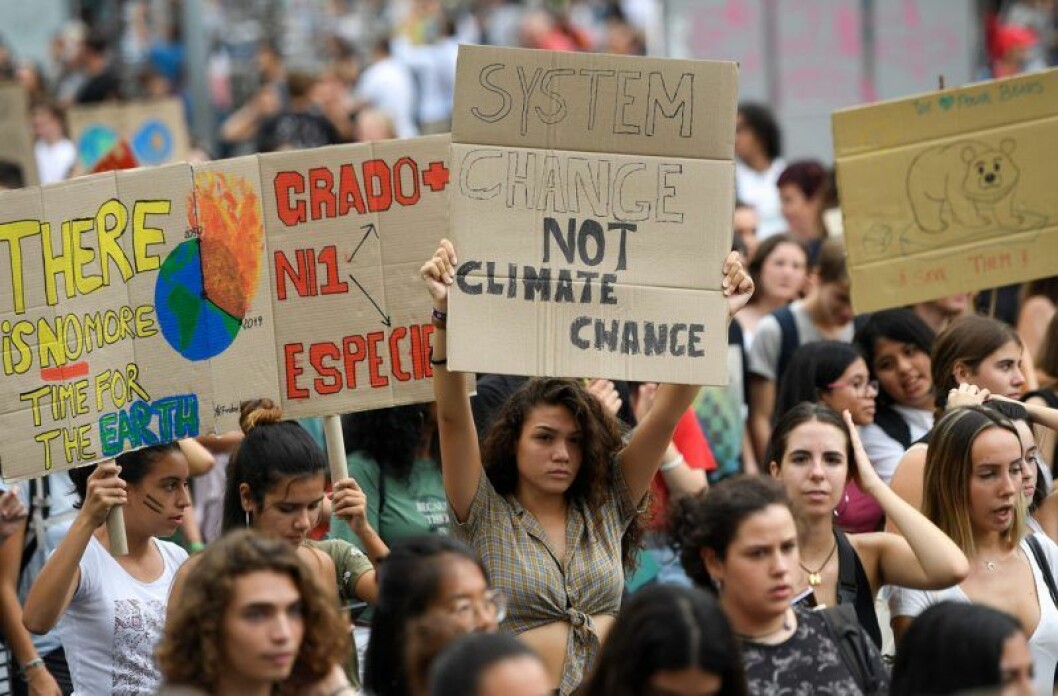 Bild från den globala klimatstrejken i Barcelona, Spanien. Barcelona i Spanien är en av många städer där det demonstrerades
