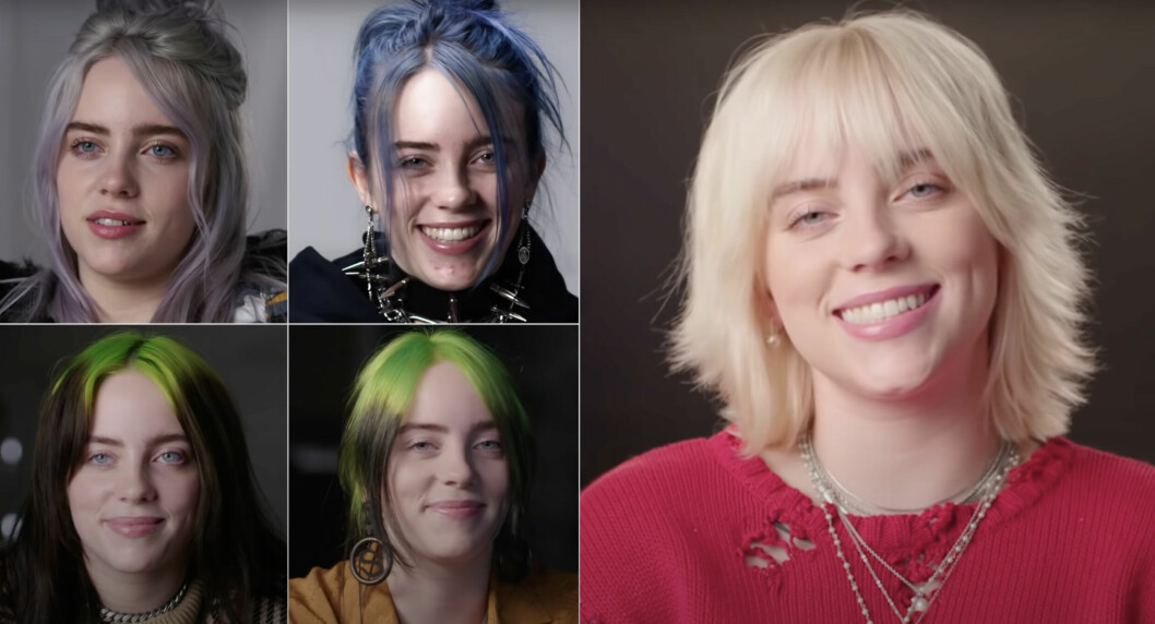 Montage från Vanity Fairs Youtube-klipp visar hur Billie Eilish stil skiftat över åren. montage på billie eilish från youtube-klibb
