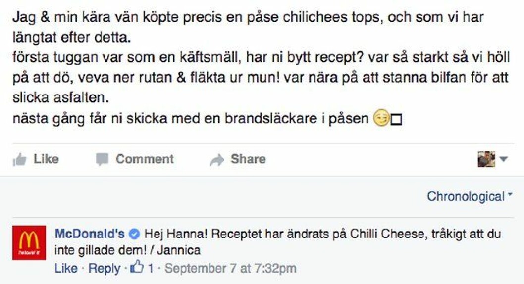 McDonald’s har ändrat receptet på Chili cheese. chili cheese nytt recept
