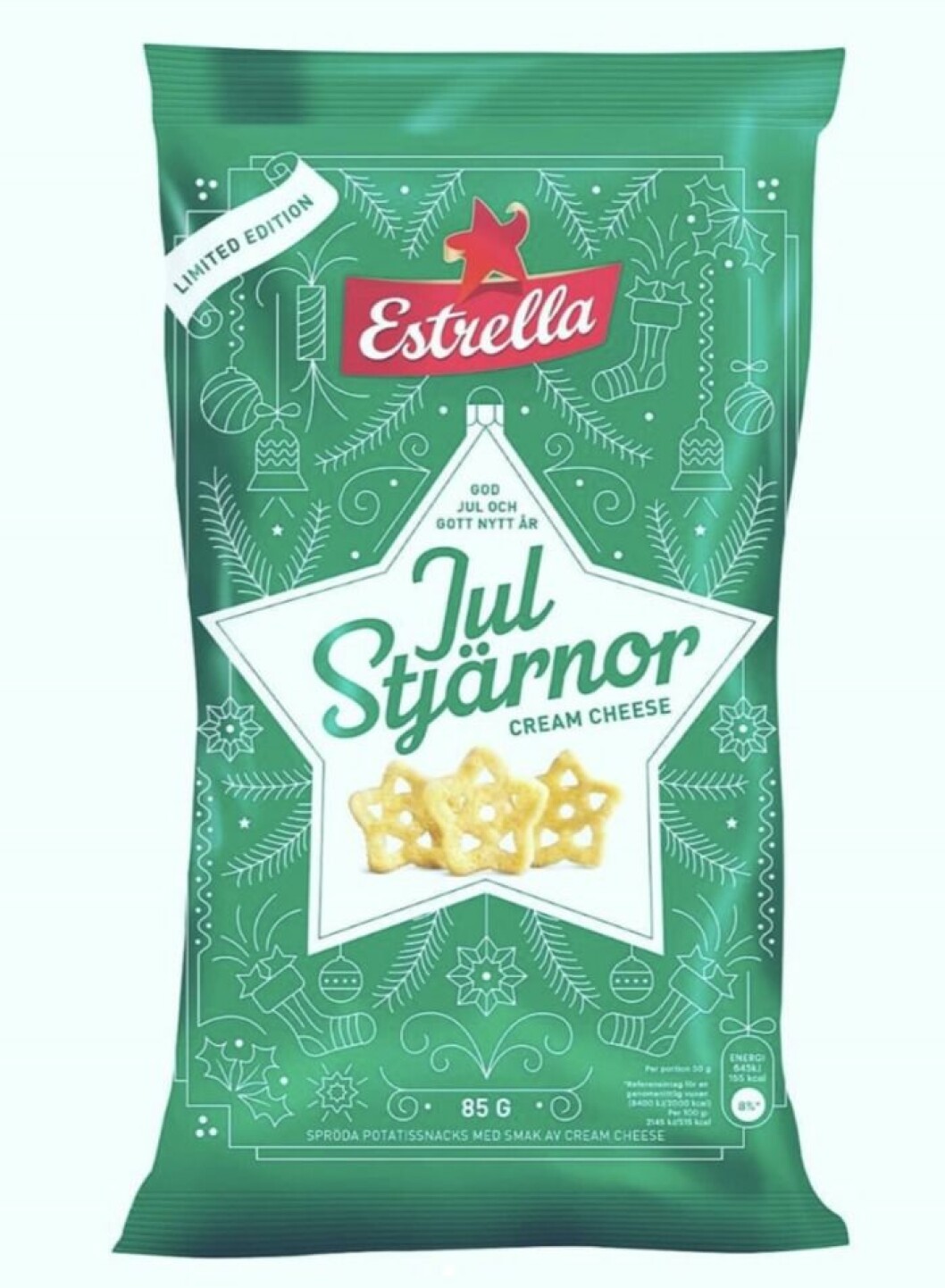 grön chipspåse med julstjärnor