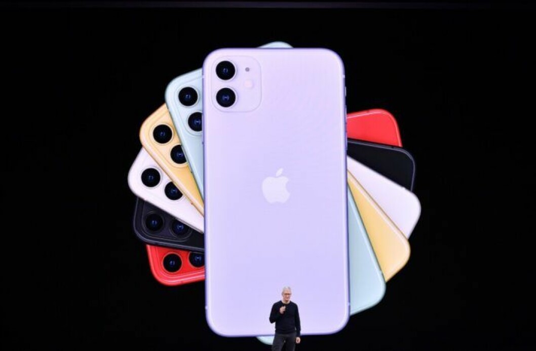 Apples VD Tim Cook på scen under presentationen av Iphone 11. En bild på Apples VD Tim Cook under presentationen av Iphone 11.