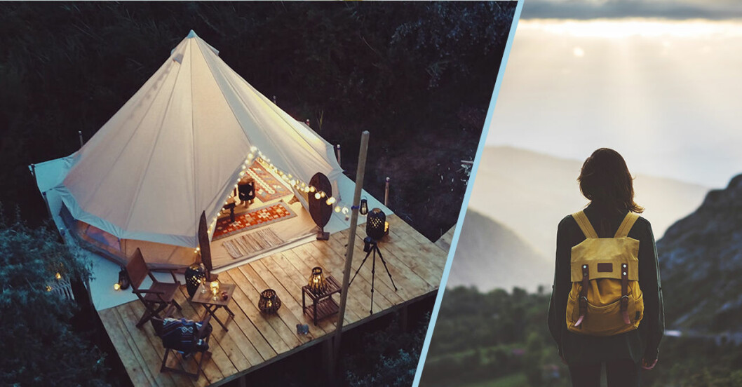 Tält och glamping. Tjej som kollar ut över horisonten.