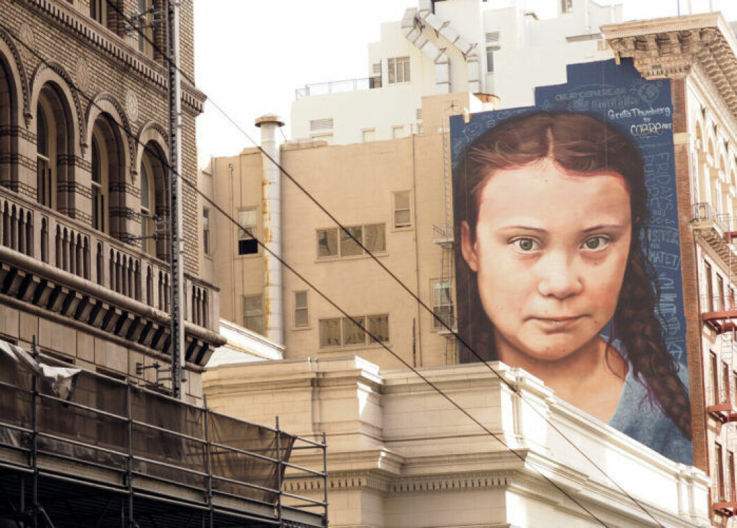 Greta Thunberg som muralmålning i San Fransisco. Greta Thunberg som muralmålning i San Fransisco.