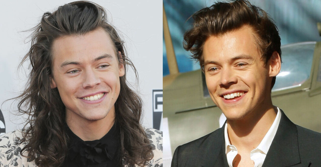 Harry Styles i kortklippt och långt hår,