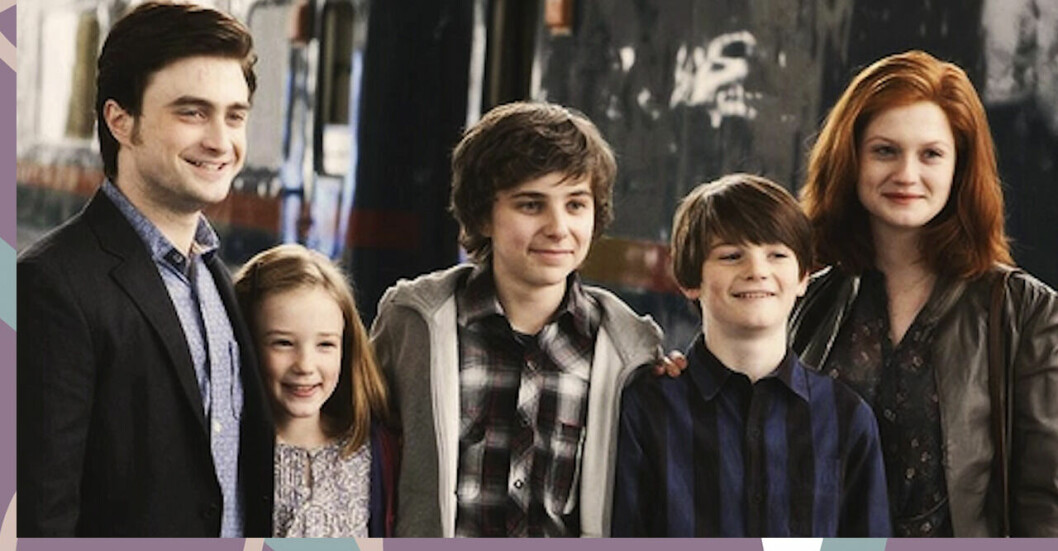 harry potter och ginny weasley med sina tre barn, bild ur filmatiseringen av Harry Potter och dödsrelikerna del två