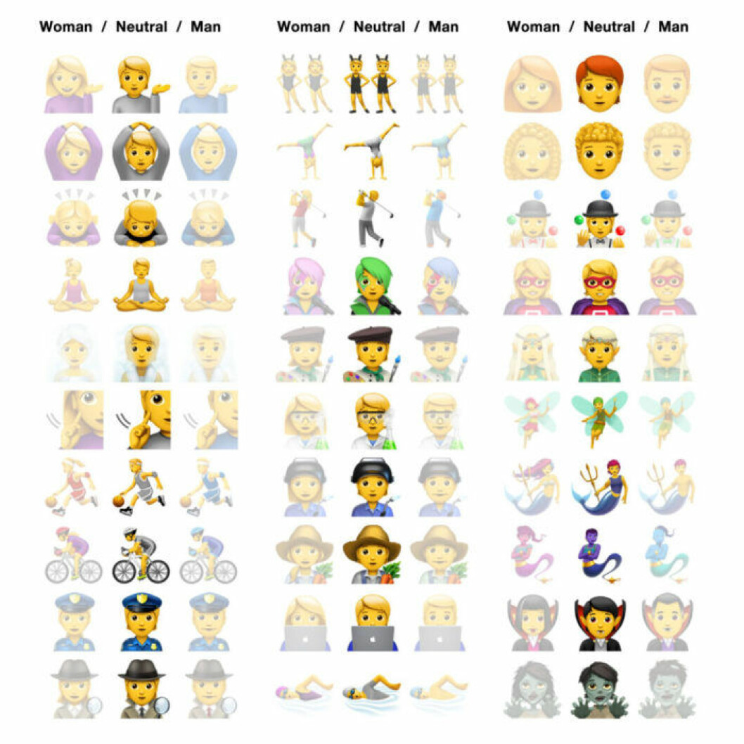 Alla personemojis finns nu som en icke-binär variant. De nya icke-binära emojisarna.