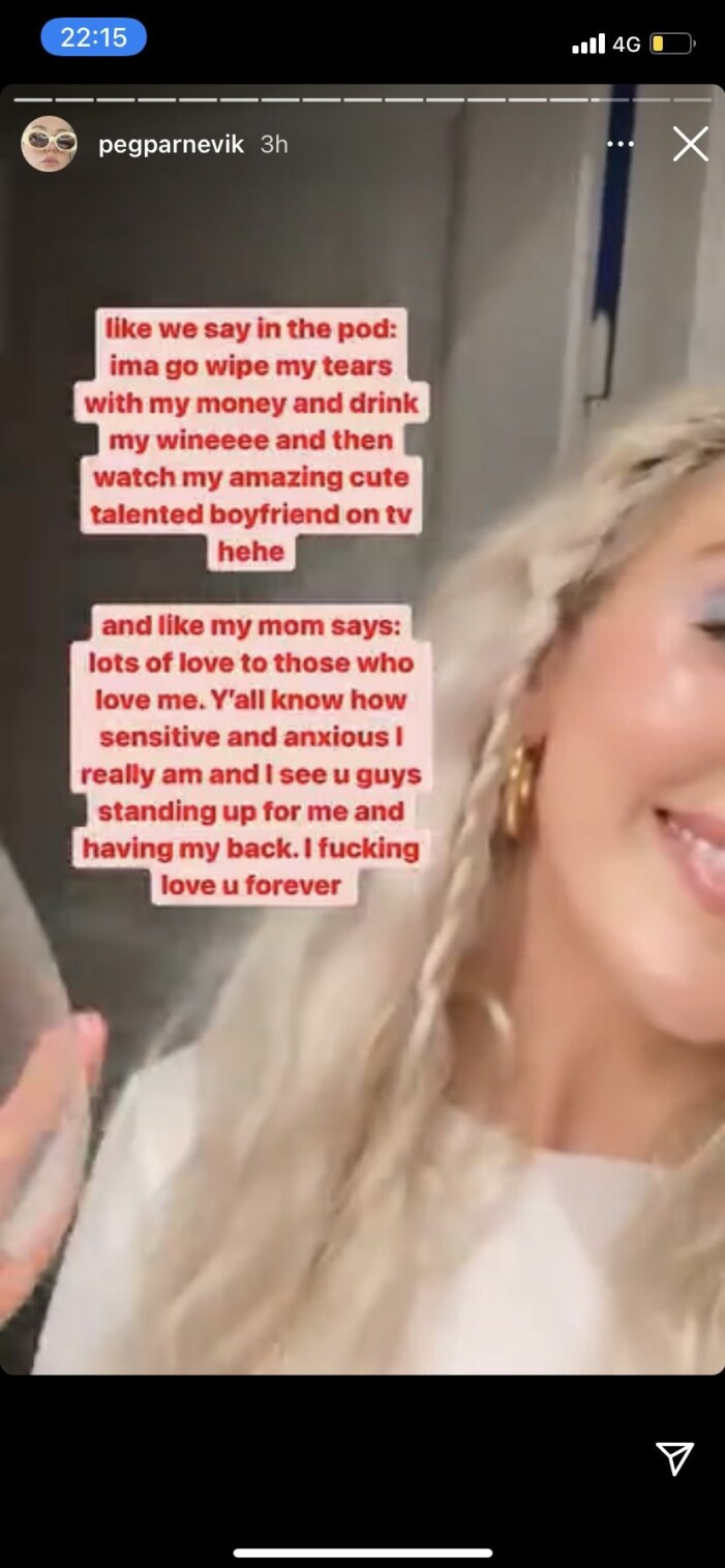 Peg Parnevik ler mot ryktesspridarna på sin Instagram story. en till skärmdump från peg parneviks instagram story