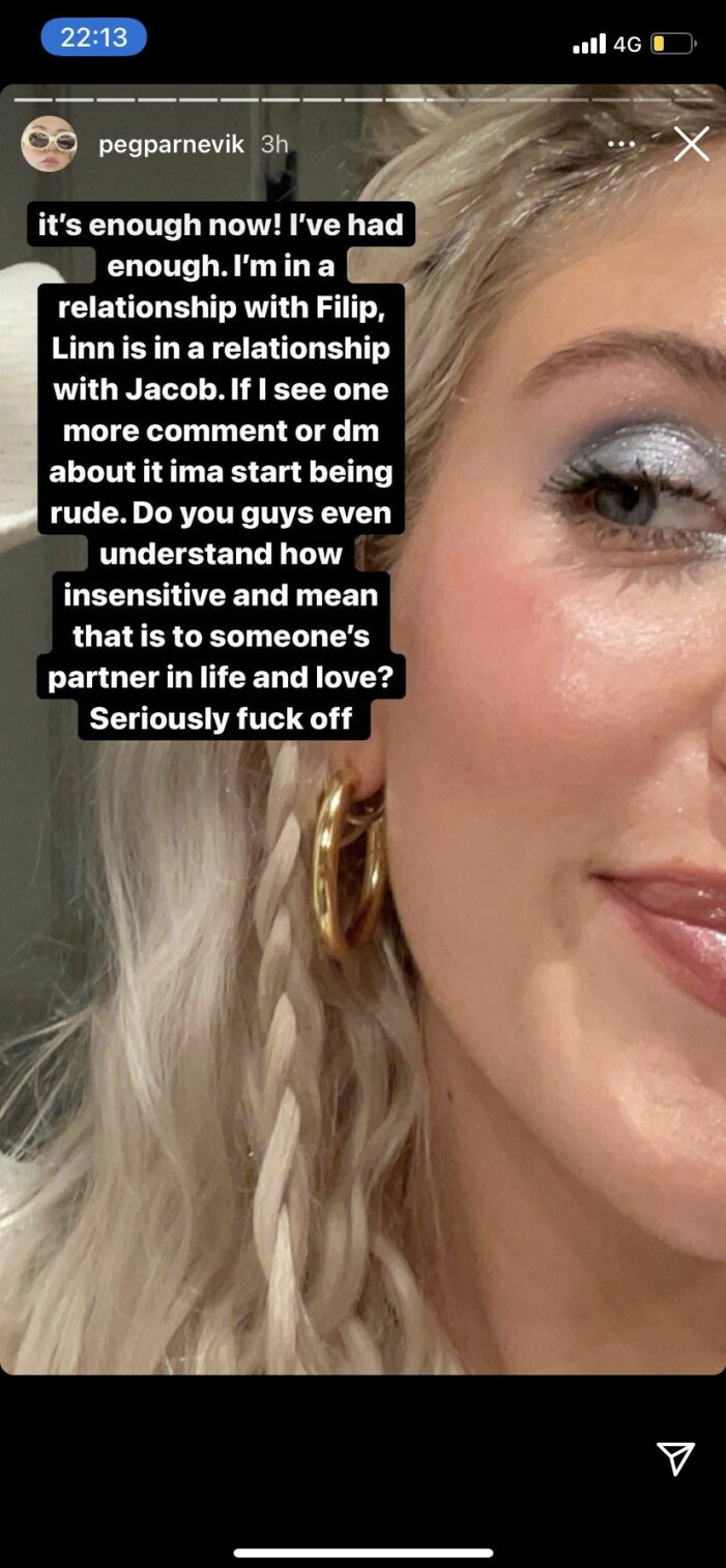 Peg Parnevik ryter ifrån på Instagram story. skärmdump från peg parneviks instagram story