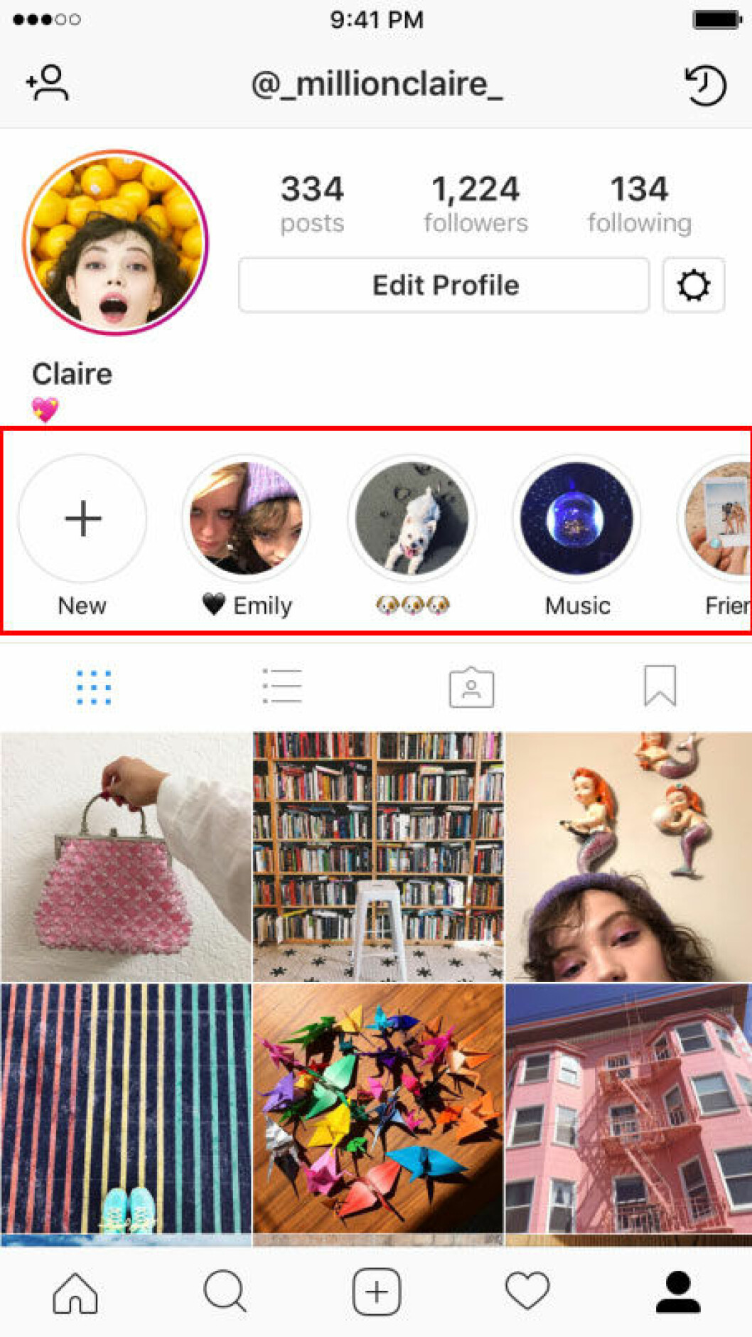 Så här kommer det att se ut på din profil när du har valt ut storys till din highlight.