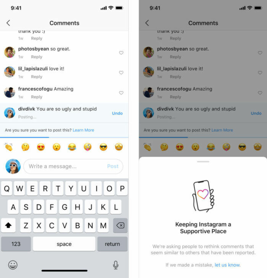 Exempel på hur den nya funktionen kommer att se ut. <em>Foto: Instagram</em> Instagrams nya kommentarsfunktion