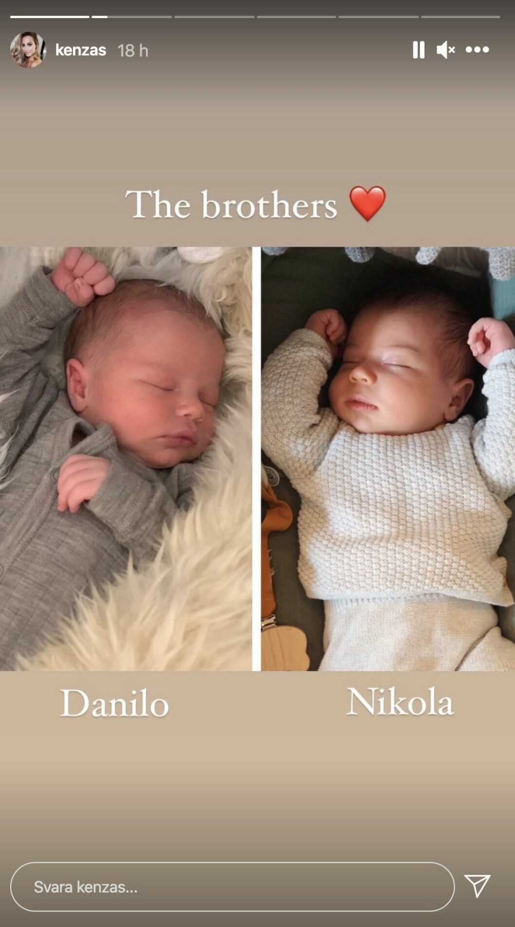 Danilo och Nikola som bebisar. skärmdump från kenzas instagram story