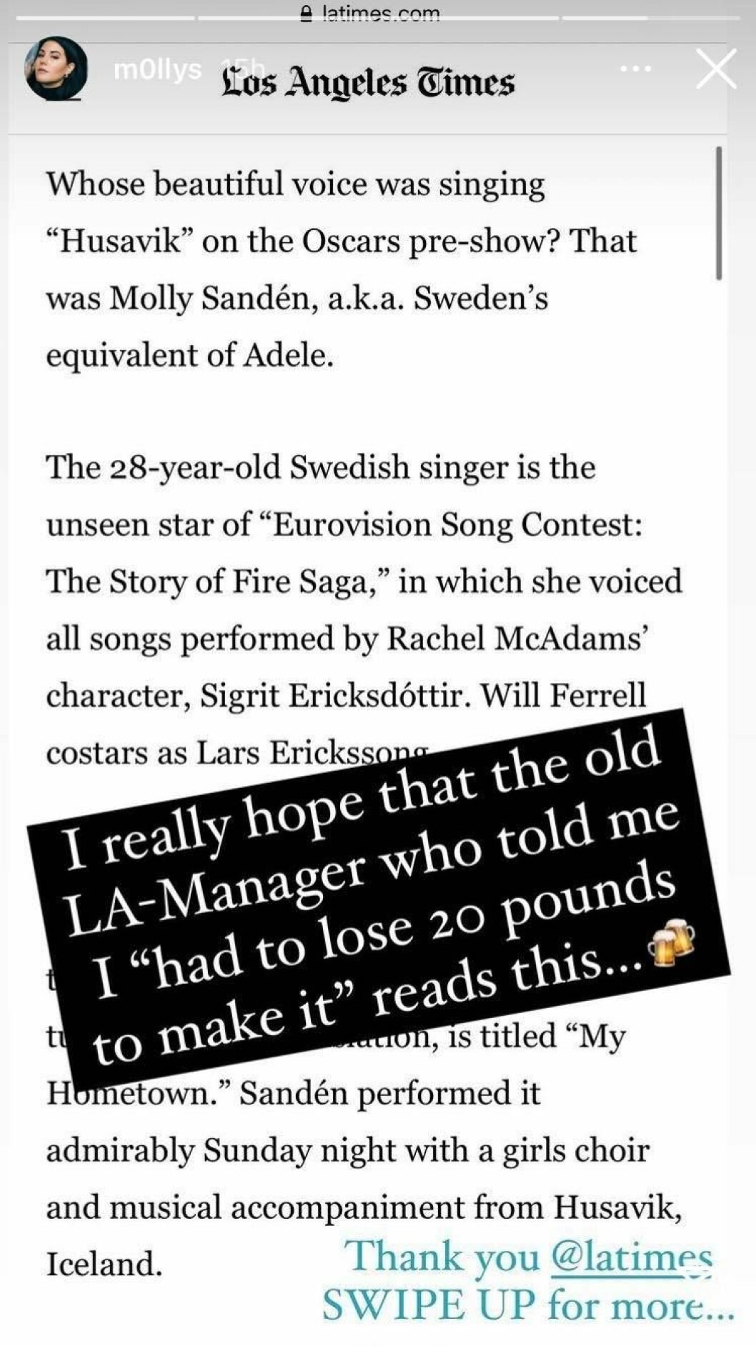 LA times hyllning – och Molly Sandéns vassa pik. LA times hyllning – och Molly Sandéns vassa pik.