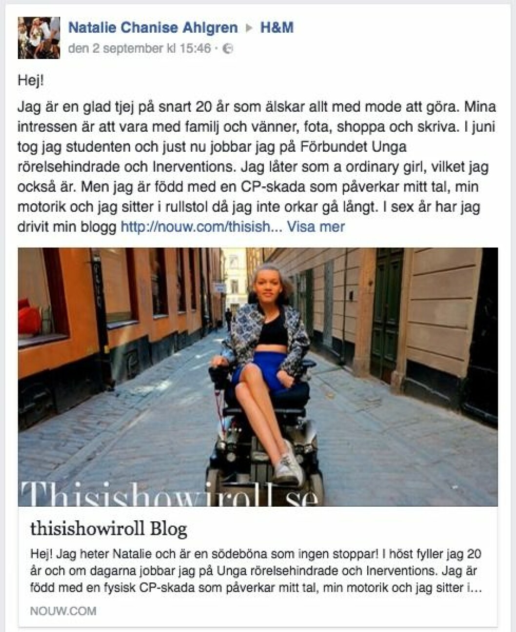 Natalies inlägg till H&M på Facebook. Natalies inlägg till H&M på Facebook.