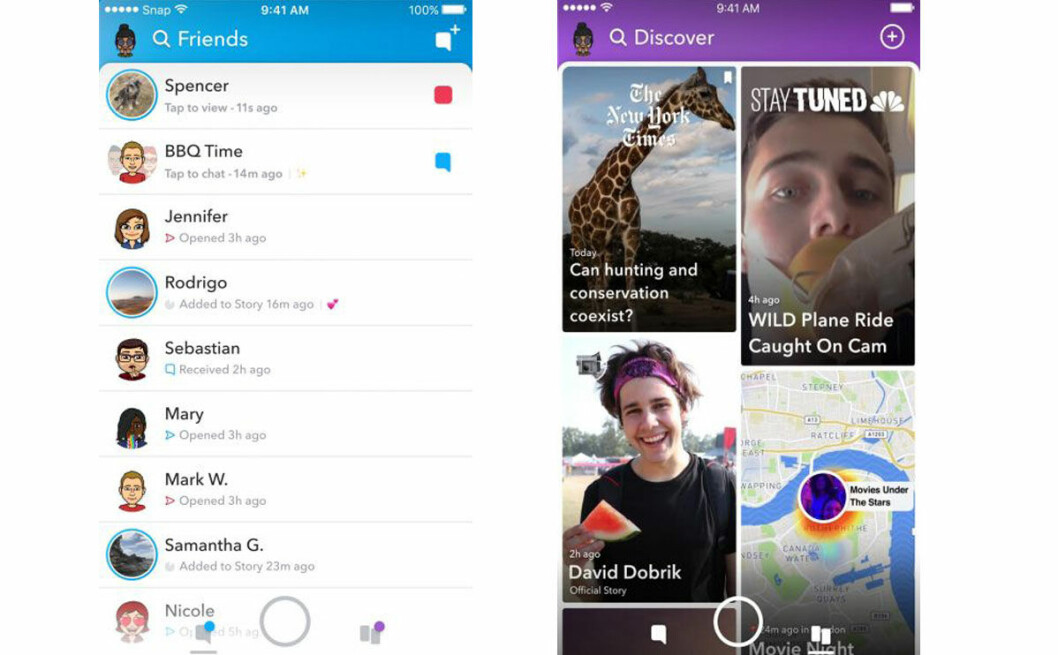 Till vänster är den nya vän-sidan och till höger är den nya upptäck-sidan. Foto: Snapchat Nya-Snapchat