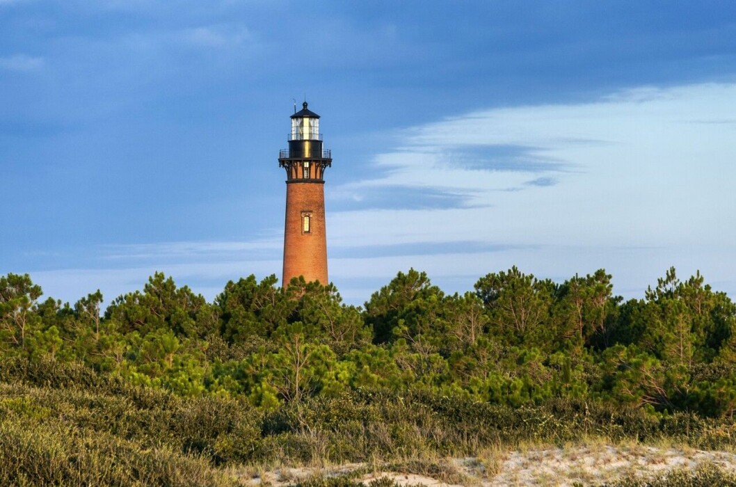 En av många pirer i Outer Banks. pir vid massa gröna buskar