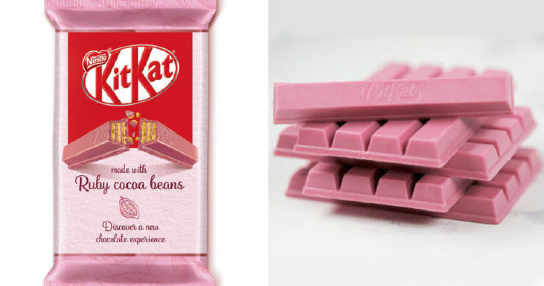 Rosa KitKat gjord på Ruby-choklad. rosa kitkat