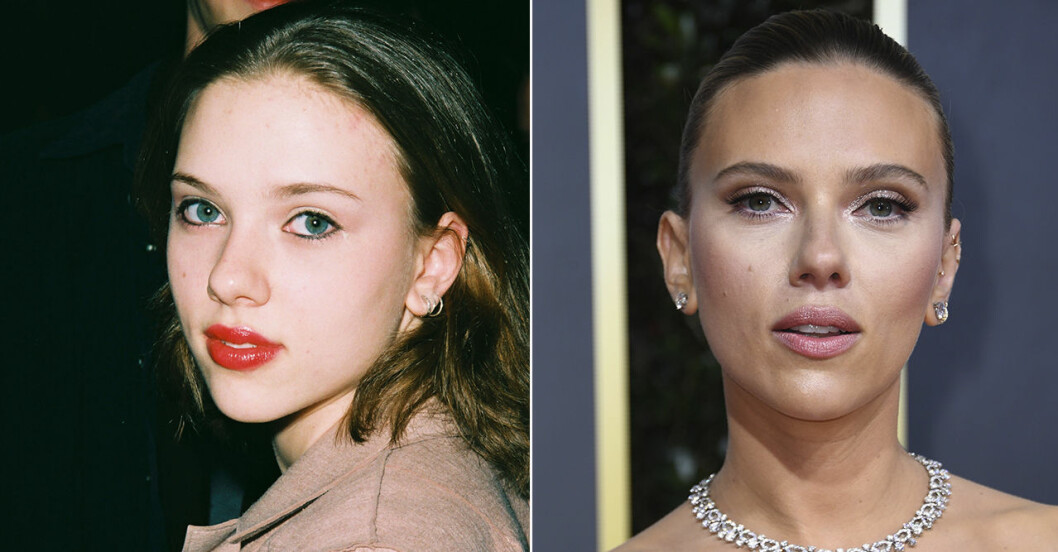 En 15-årig Scarlett Johansson till vänster. Till höger har hon hunnit bli 35 år. scarlett johansson