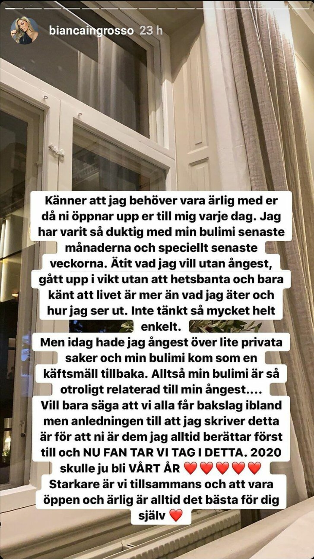 Bianca Ingrosso berättar att hon har fått ett återfall i sin bulimi. Foto: Skärmdump Instagram Bianca Ingrosso berättar att hon har fått ett återfall i sin bulimi.