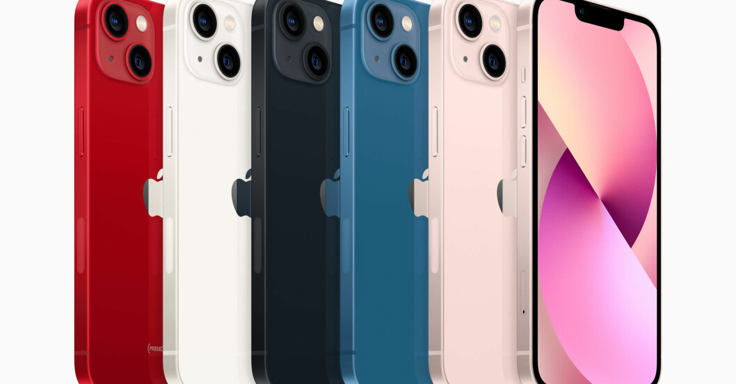 Nya iPhone 13 och iPhone 13 mini, finns i fem färger: röd, starlight, midnight, blå och rosa. Nya iPhone 13 och iPhone 13 mini, finns i fem färger: röd, starlight, midnight, blå och rosa.