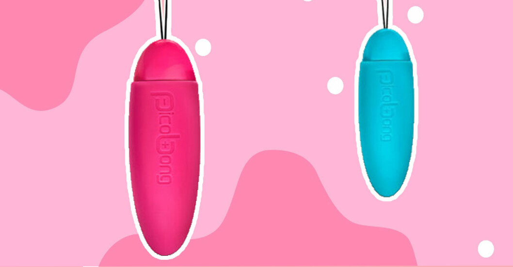 Picobong Honi i rosa och blått, en minivibrator med snöre likt en tampong.