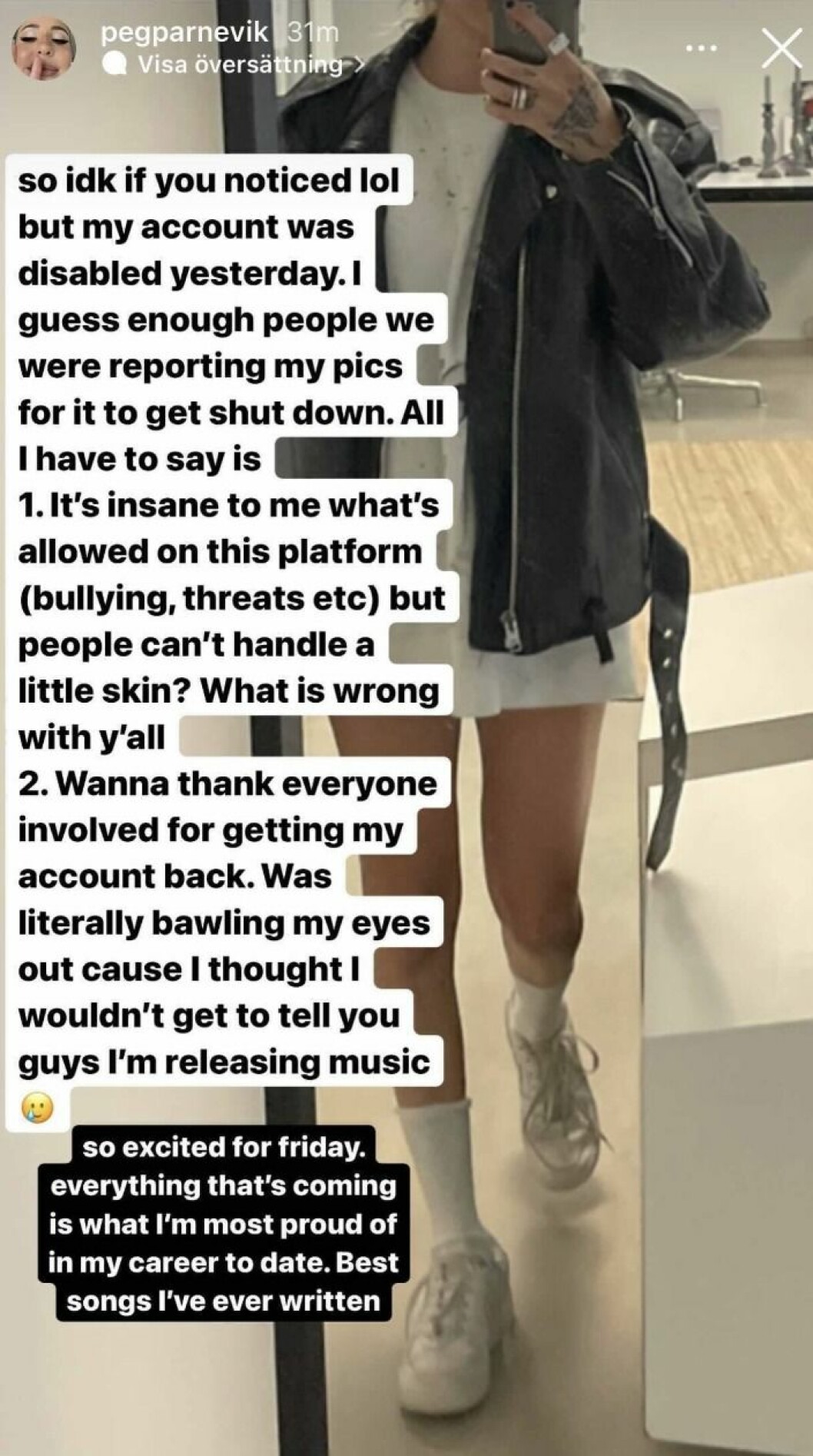 I story fick Peg Parnevik nog och röt ifrån. skärmdump peg parnevik instagram story