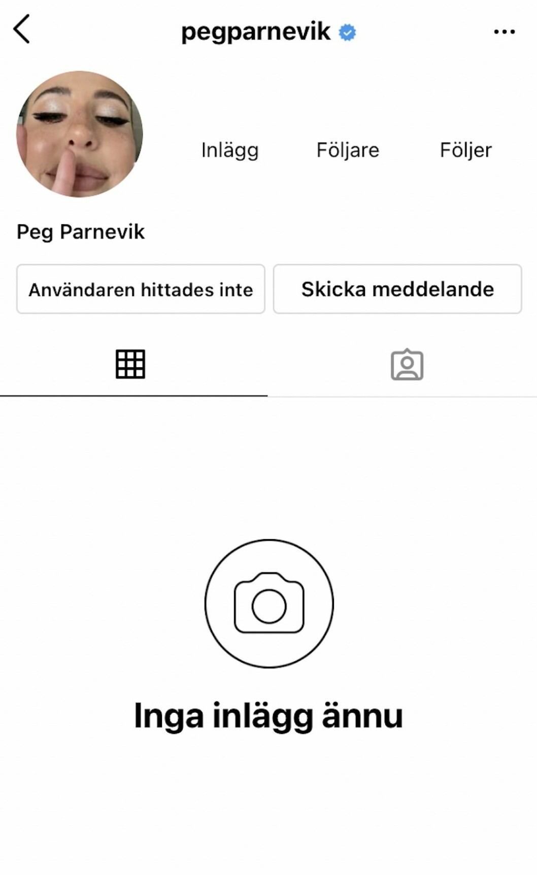 I helgen som gick möttes Peg Parneviks följare av ett rensat Instagramkonto. skärmdump peg parneviks instagramkonto