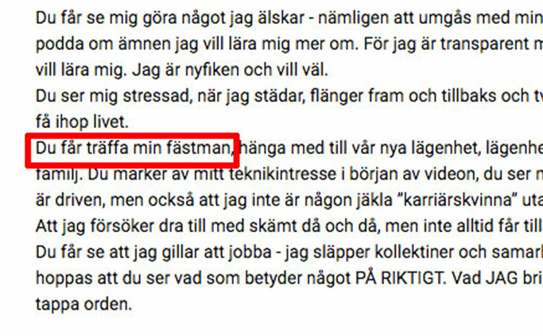 I beskrivningen till hennes senaste vlogg har hon skrivit sin fästman. Therese-Lindgren-forlovad-2017