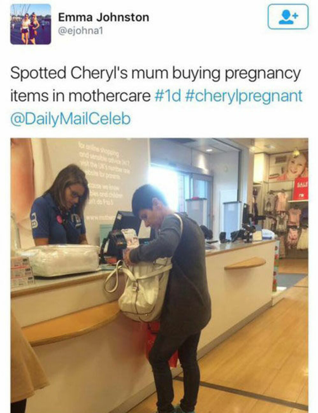 Ett fan såg Cheryl’s mamma i en butik för blivande föräldrar. Twitter-Liam-Cheryl