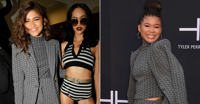 Zendaya Coleman och Storm Reid bar likadana kostymer med mönster.