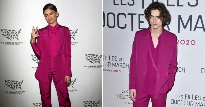 Zendaya och Timothée Chalamet i rosa kostymer.